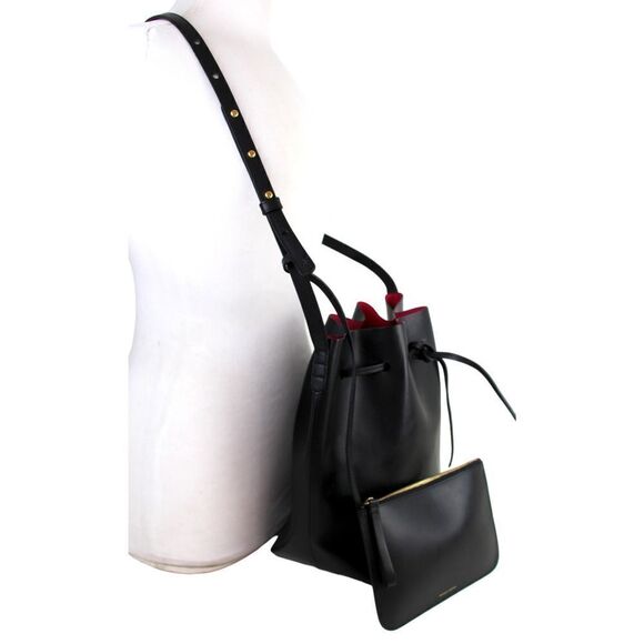 MANSUR GAVRIEL BLACK PINK GENUINE LEATHER DRAWSTRING X-BODY SHOULDER BAG + POUCH - Picture 4 of 16